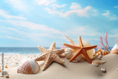 Beach scene concept with sea shells and starfish.