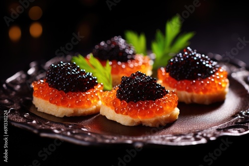 Black and red fish caviar. Canapes with caviar