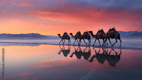 Caravan of camels on the salt lake at sunrise. © Lubos Chlubny