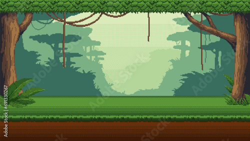 Pixel art jungle forest game location. Seamless rainforest vector background.