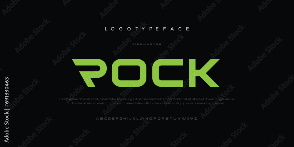 Rock modern alphabet. Dropped stunning font, type for futuristic logo, headline, creative lettering and maxi typography. Minimal style letters with yellow spot. Vector typographic design - obrazy, fototapety, plakaty 