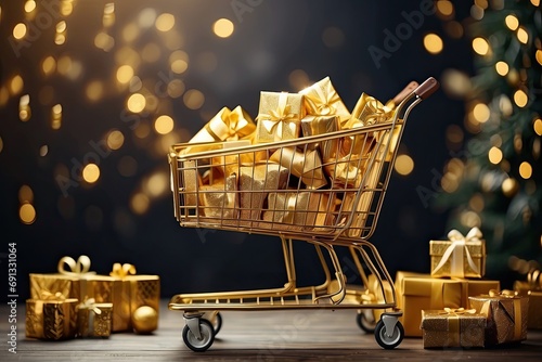 Full supermarket trolley with gold boxes of Christmas and New Year gifts on a festive background with Christmas trees and bokeh. Shopping, sale, buying a gift