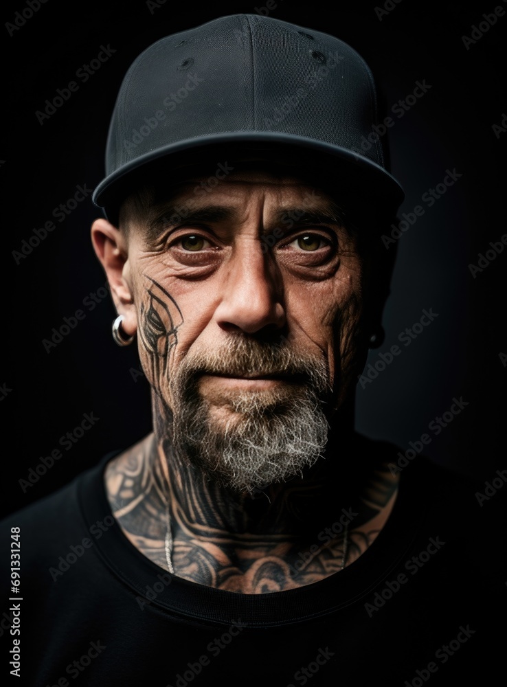 a man with tattoos and a black cap a man with tattoos and a black cap