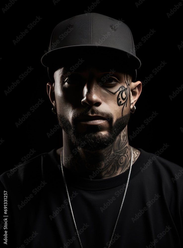 a man with tattoos and a black cap a man with tattoos and a black cap