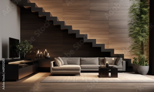 a modern living room with wood stairs and a plant © olegganko
