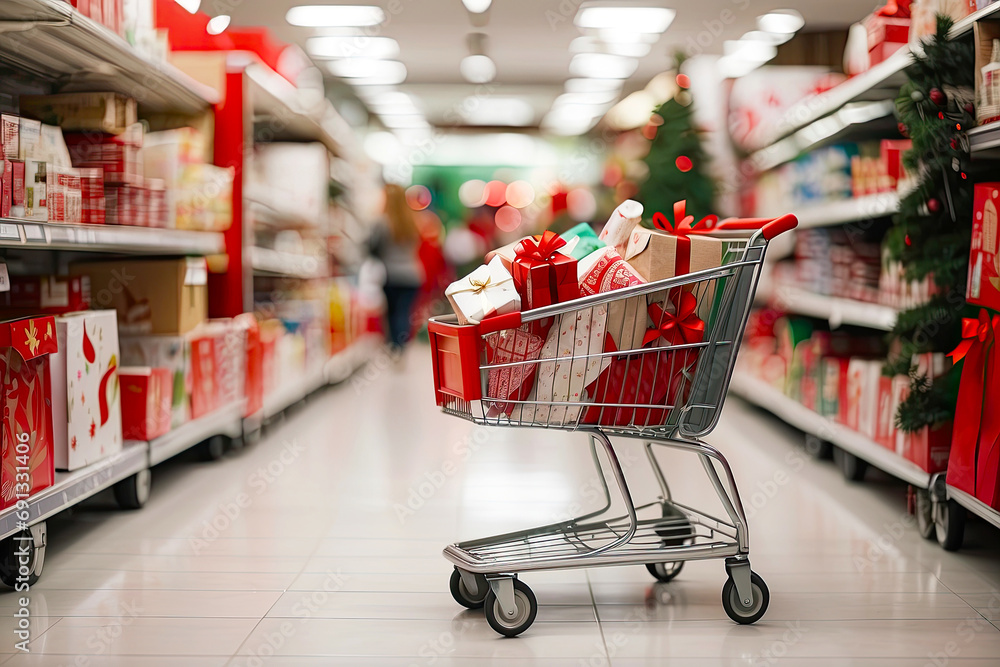 Supermarket trolley with green and red boxes of Christmas and New Year gifts between the supermarket's festive shelves. Shopping, buying a gift Supermarket trolley with green and red boxes of Christmas and New Year gifts between the supermarket's festive shelves. Shopping, buying a gift