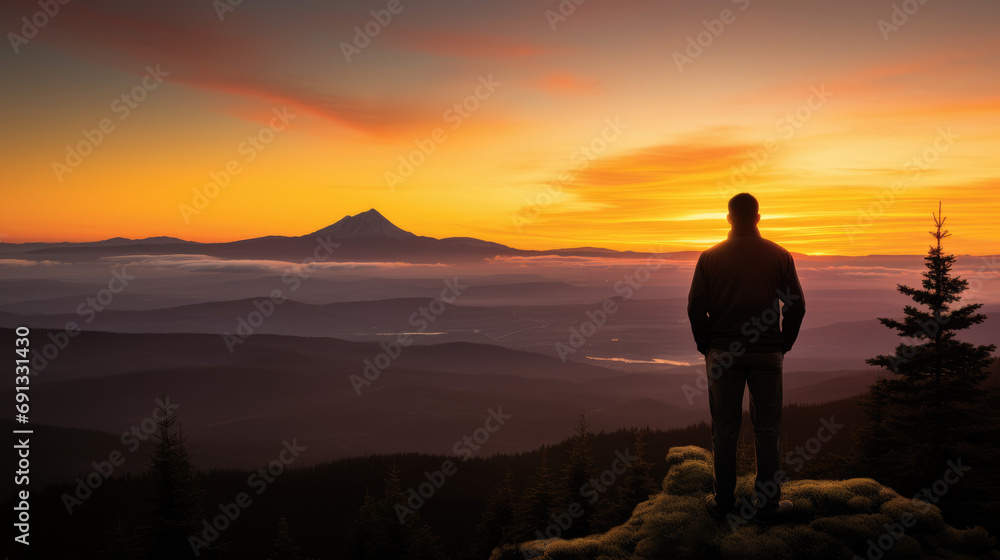 A person standing on a mountain top, looking out at a beautiful sunset