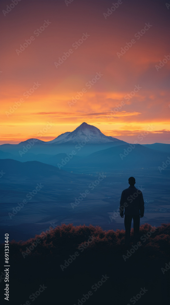 A person standing on a mountain top, looking out at a beautiful sunset