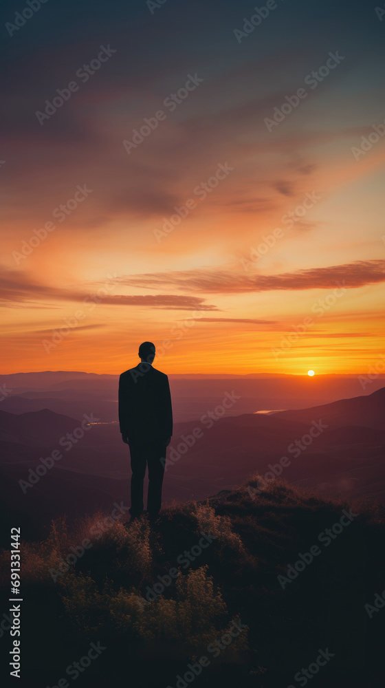 A person standing on a mountain top, looking out at a beautiful sunset A person standing on a mountain top, looking out at a beautiful sunset