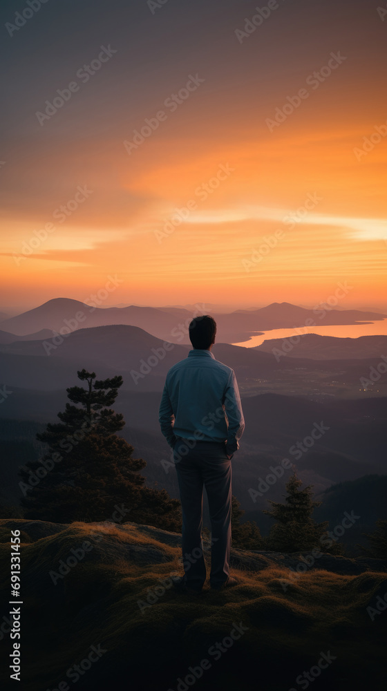 A person standing on a mountain top, looking out at a beautiful sunset A person standing on a mountain top, looking out at a beautiful sunset