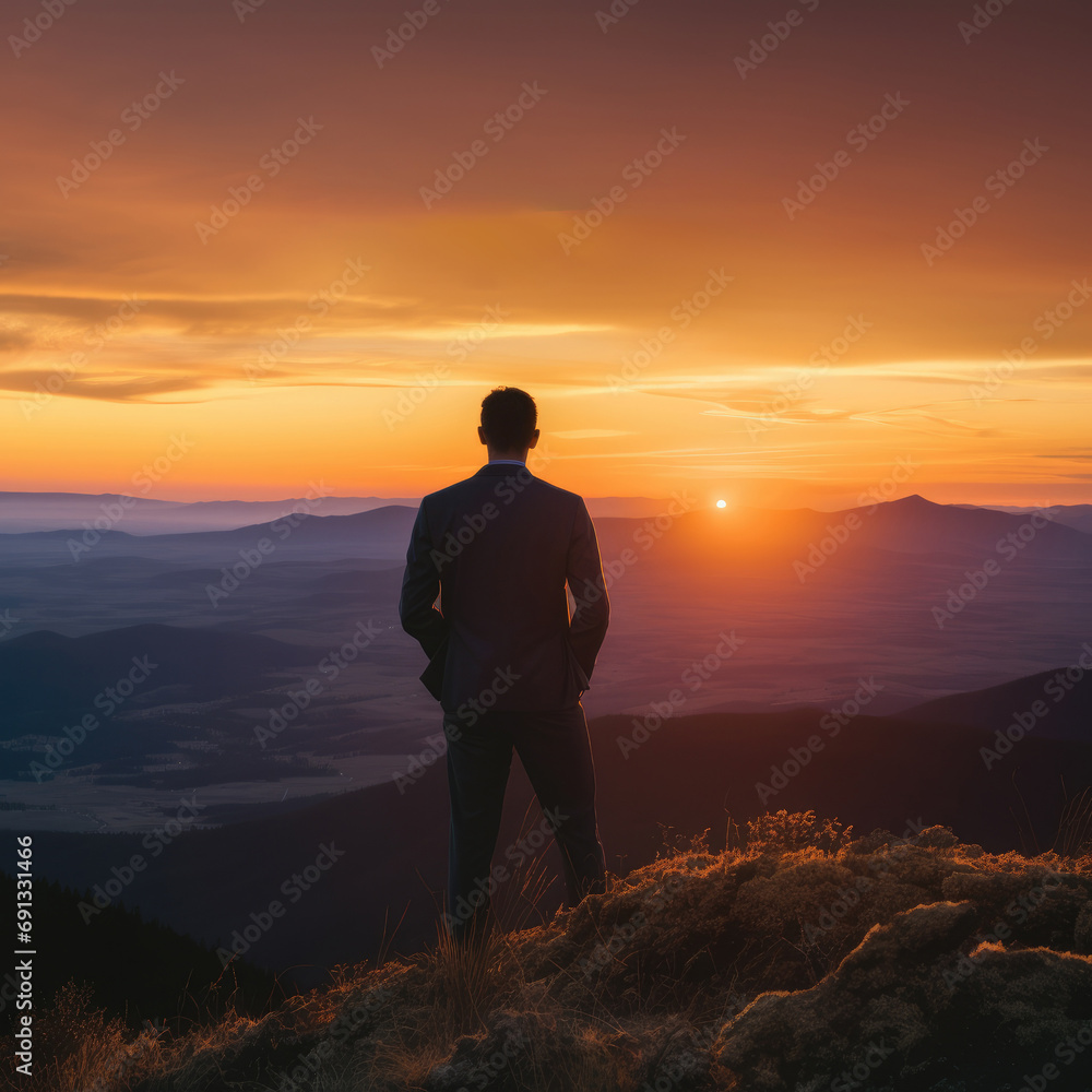 A person standing on a mountain top, looking out at a beautiful sunset