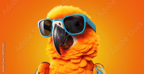 a parrot in sunglasses on an orange background