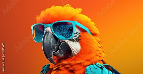a parrot in sunglasses on an orange background