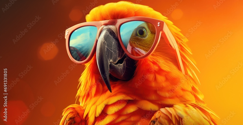 a parrot in sunglasses on an orange background
