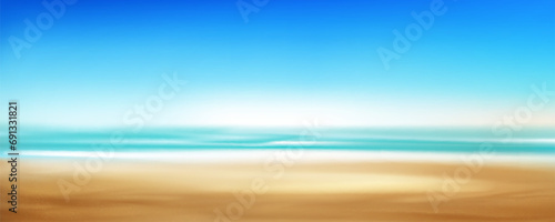 Realistic sand beach with blue water of sea or ocean and clear sky. Vector illustration of summer landscape with empty seashore, foam wave on sandy texture. Panoramic sunny day scene with coastline.