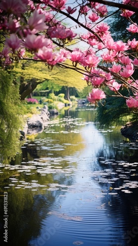 A peaceful image of a tranquil pond surrounded by blooming trees and fresh greenery