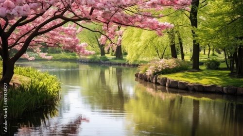 A peaceful image of a tranquil pond surrounded by blooming trees and fresh greenery