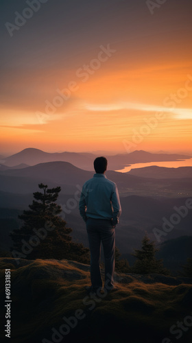 A person standing on a mountain top  looking out at a beautiful sunset