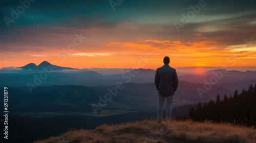 A person standing on a mountain top, looking out at a beautiful sunset