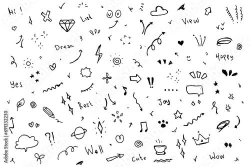 Doodle cute star, sparkle pen line elements set hand drawn icons.