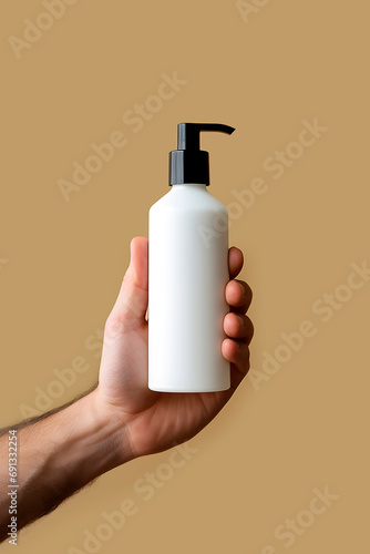 Male hand holding a bottle of body lotion. Men s care concept. AI generated
