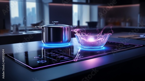 a snapshot of a state-of-the-art induction cooktop in action, capturing the precision of temperature control, the glow of cooking elements, and the sleek design in a contemporary kitchen