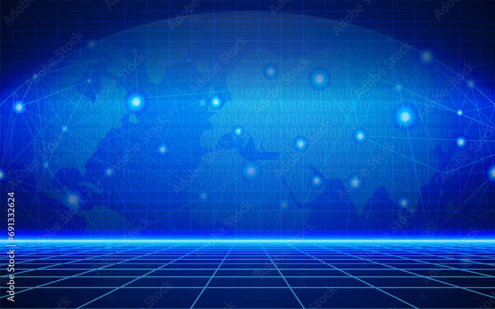 World map with network neon line and binary code scene. Futuristic ...