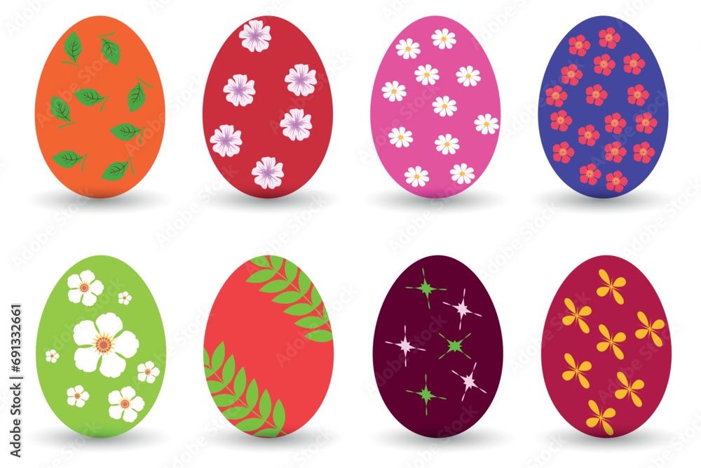 Set of multi-colored Easter eggs with floral patterns. Festive Easter content. Vector illustration.
