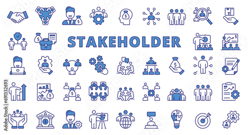Stakeholder icon line design blue. Business, partner, shareholder, investor, supporter vector illustrations. Stakeholder pictograms editable stroke icons.