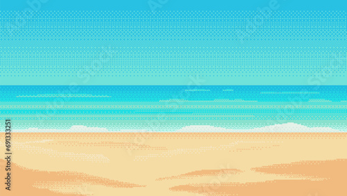 Pixel art beach background. 2d backdrop for 8-bit retro video game or mobile application. Seamless when docking horizontally.