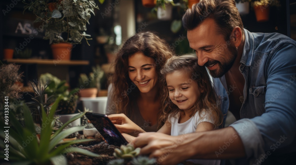 A happy family in the garden working and having a video call over a smartphone A happy family in the garden working and having a video call over a smartphone