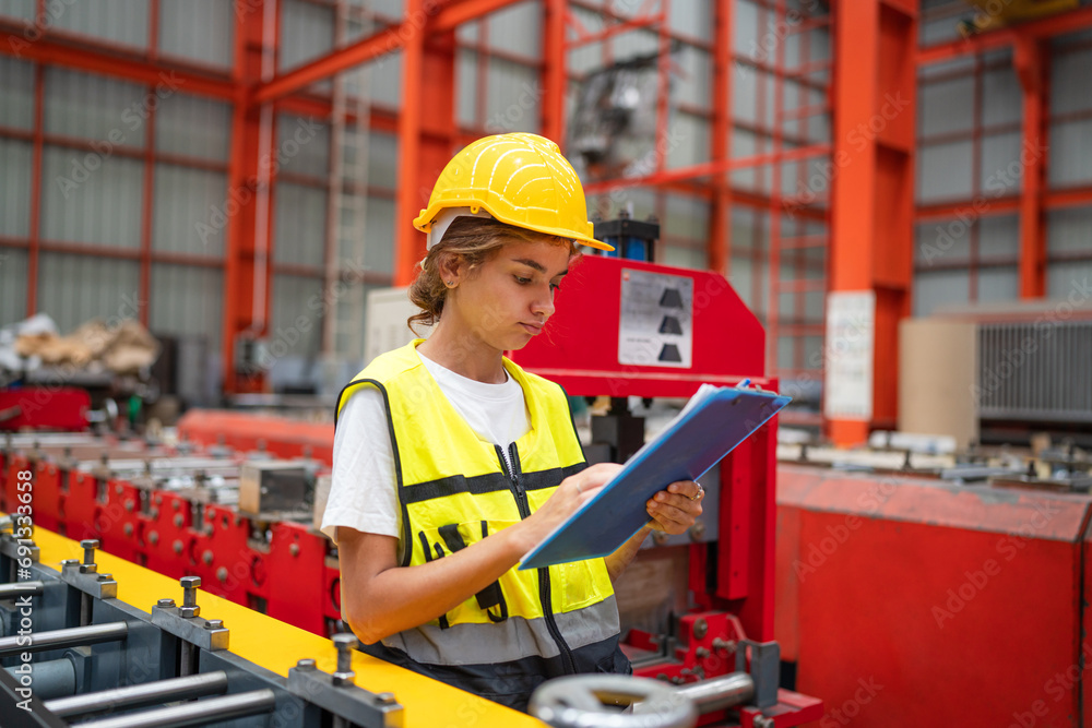 Industrial woman engineer wear uniform and helmet using laptop are checking system machine at factory. Workers industrial factory. Machine maintenance technician operation concept. Industrial woman engineer wear uniform and helmet using laptop are checking system machine at factory. Workers industrial factory. Machine maintenance technician operation concept.