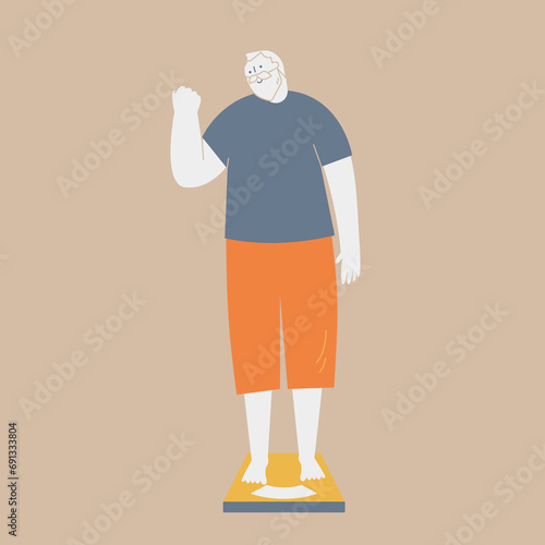 An elderly man is happy when he looks at the scale. He is raising one hand.