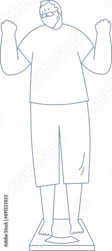 An elderly man is happy when he looks at the scale. He is raising his hands.