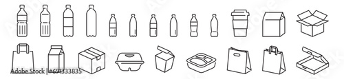 Packages, Mockups, Fast food, Handle bags, Paper bags, Cup, Editable stroke Linear icon collection Vector illustration