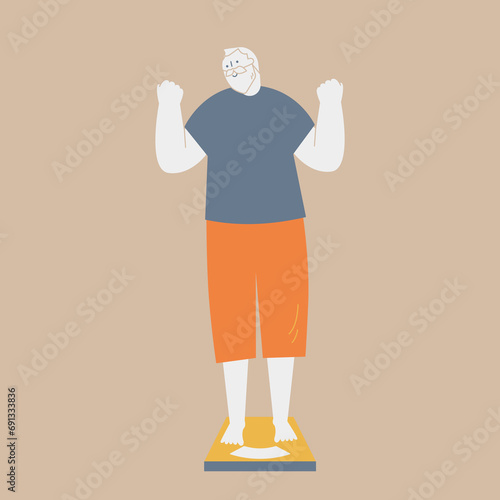 An elderly man is happy when he looks at the scale. He is raising his hands.