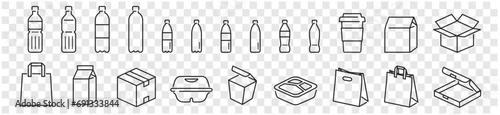 Packages, Mockups, Fast food, Handle bags, Paper bags, Cup, Editable stroke Linear icon collection Vector illustration