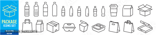 Packages, Mockups, Fast food, Handle bags, Paper bags, Cup, Editable stroke Linear icon collection Vector illustration