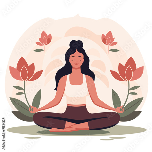 Wallpaper Mural Yoga woman meditating in lotus position amidst nature - flat color vector illustration Torontodigital.ca