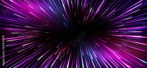 Fast light motion speed effect. Vector realistic illustration of abstract neon pink, purple rays, circular centric motion on black background, space travel route perspective, explosion energy warp