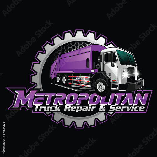 Garbage truck repair auto care. Truck company logo design template. Garbage truck logo design