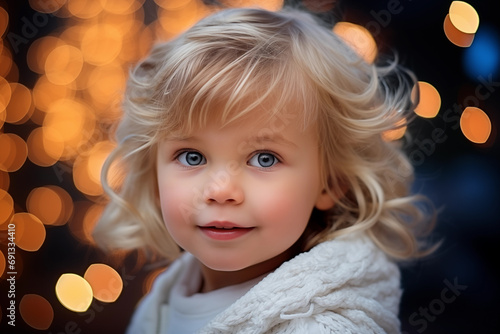 Little cute girl 3 years old against the background of Christmas lights. Blue-eyed child with blond wavy hair. Little cute blonde with blue eyes. Generative AI
