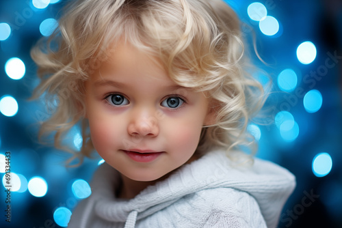 Little cute girl 3 years old against the background of Christmas lights. Blue-eyed child with blond wavy hair. Little cute blonde with blue eyes. Generative AI