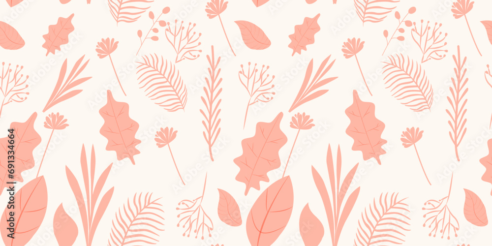 Trendy background with simple nature shapes in vintage pastel colors. Floral pattern Organic leaves. Vector illustration with colorful freehand doodle collage. Design for wrapping paper, fabric print