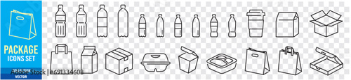 Packages, Mockups, Fast food, Handle bags, Paper bags, Cup, Editable stroke Linear icon collection Vector illustration
