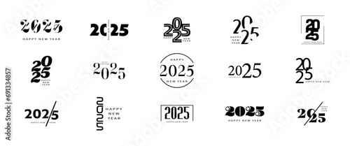 Big set of 2025 new year logo text design.