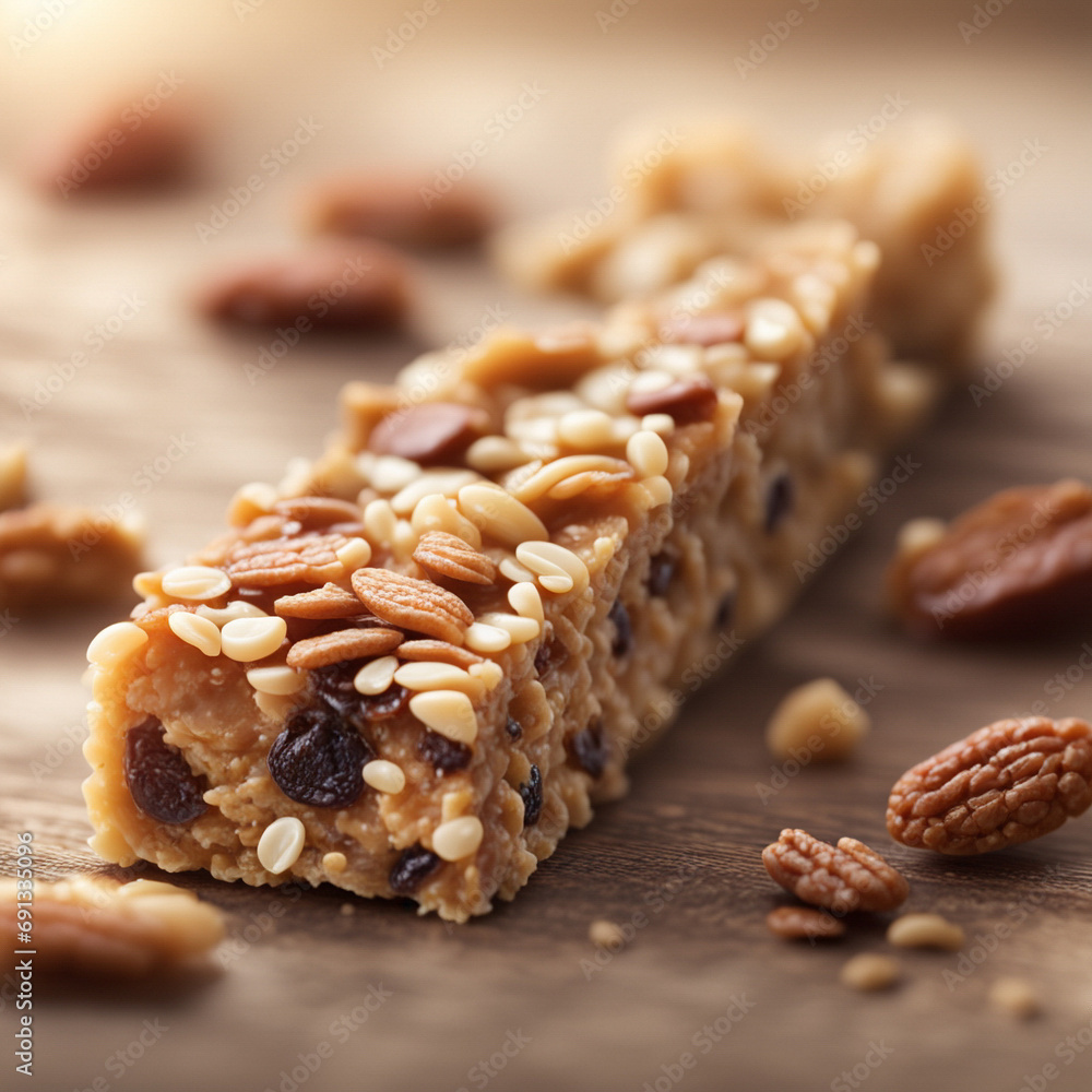 Close up of a Granola bar, foreground sharp with bokeh background. ai generative Close up of a Granola bar, foreground sharp with bokeh background. ai generative