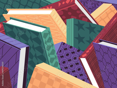 Full frame illustrated background of various colorful books. Cartoon hardcover books with patterns. Vector.
