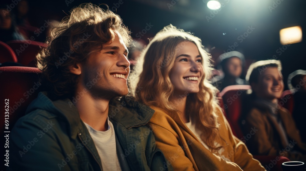 Movie day Happy young couple watching a comedy movie in the cinema, smiling. Movie day Happy young couple watching a comedy movie in the cinema, smiling.