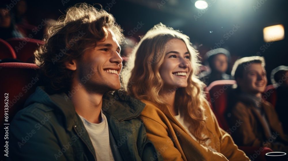 Movie day Happy young couple watching a comedy movie in the cinema, smiling.